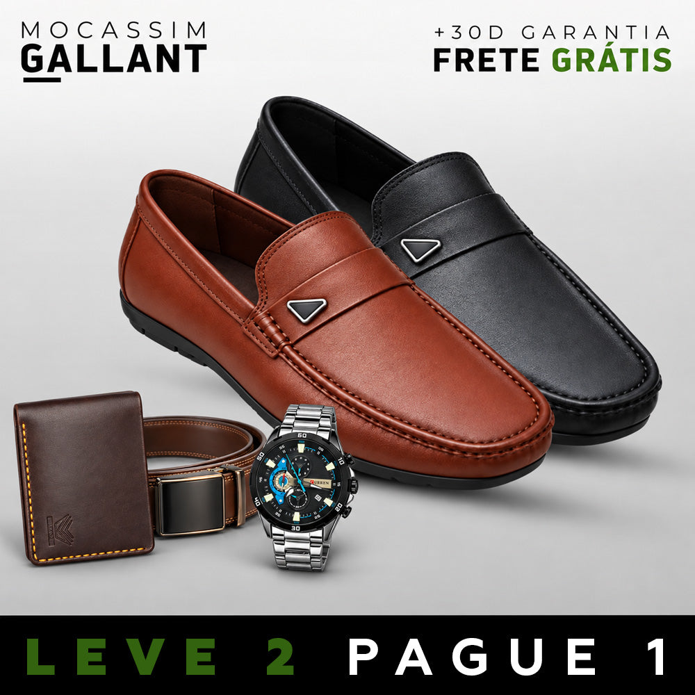 [LEVE 2 PAGUE 1] Mocassim Masculino Gallan em Couro Legítimo Palmilha de Gel e Solado Antiaderente +3BRINDES: Relógio, Cinto e Carteria